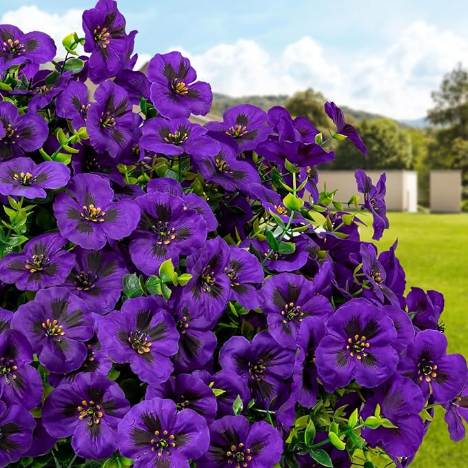 24 Pcs Artificial Fake Pansy Flowers for Outdoor,Faux Silk Plants Flowers UV Resistant Pansies Spring Flowers for Planter Front Door Porch Yard Patio garden Window Box Home Decor(Dark Purple)