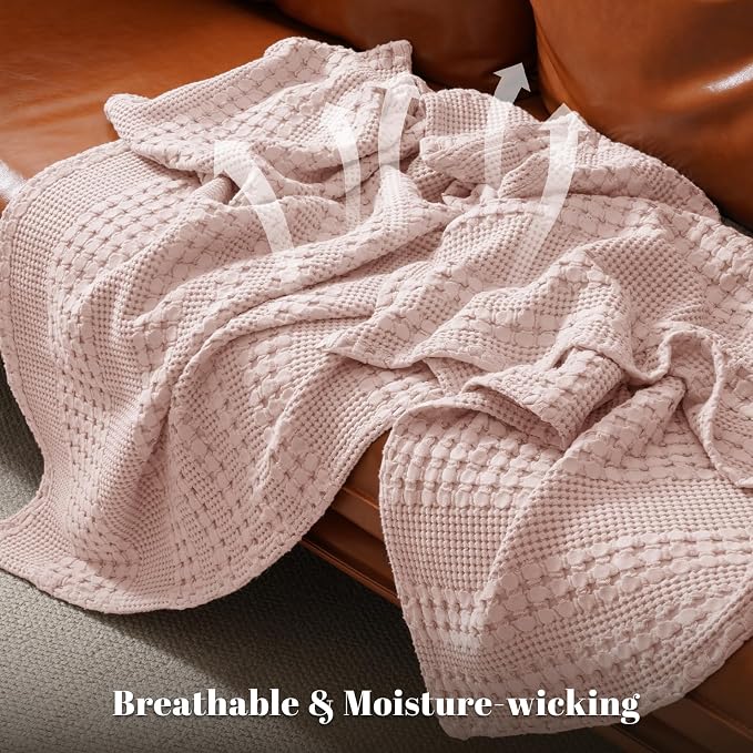 PHF 100% Cotton Waffle Blanket Queen Size for Bed, Lightweight Breathable and Soft for Summer, Luxury Aesthetic Waffle Weave Blanket for Home Decor & Gifts for Women, 90"x90", Pink/Mauve