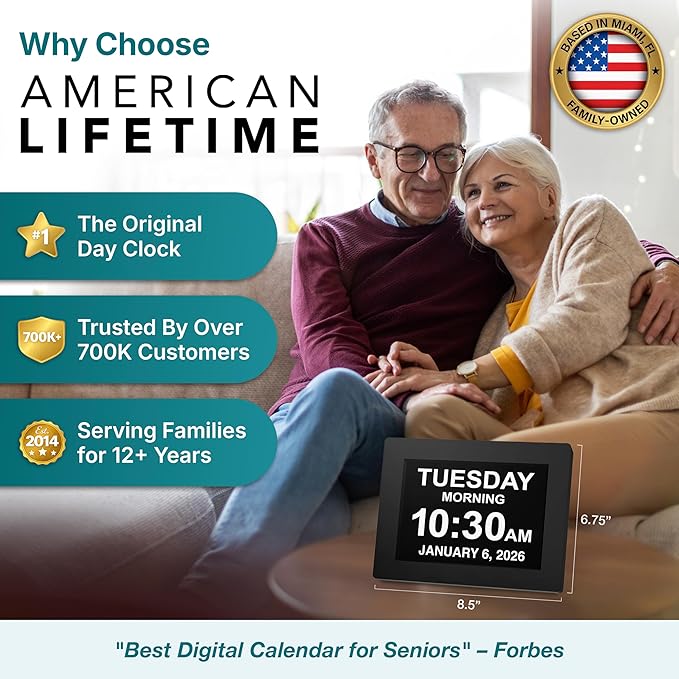 American Lifetime Large Digital Clock for Seniors, Black, 8 inch, with Day & Date, Customizable Alarms, Auto-Dimming, Multi-Language Support, Battery Backup, Easy Setup, and Gift Option
