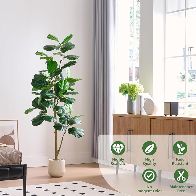Artificial Fiddle Leaf Fig Tree 6FT, 72 Inch Tall Faux Ficus Lyrata Fake Floor Plant with White Planter & Pebbles, Large Realistic Fig Tree for Indoor Home Office Living Room Decor