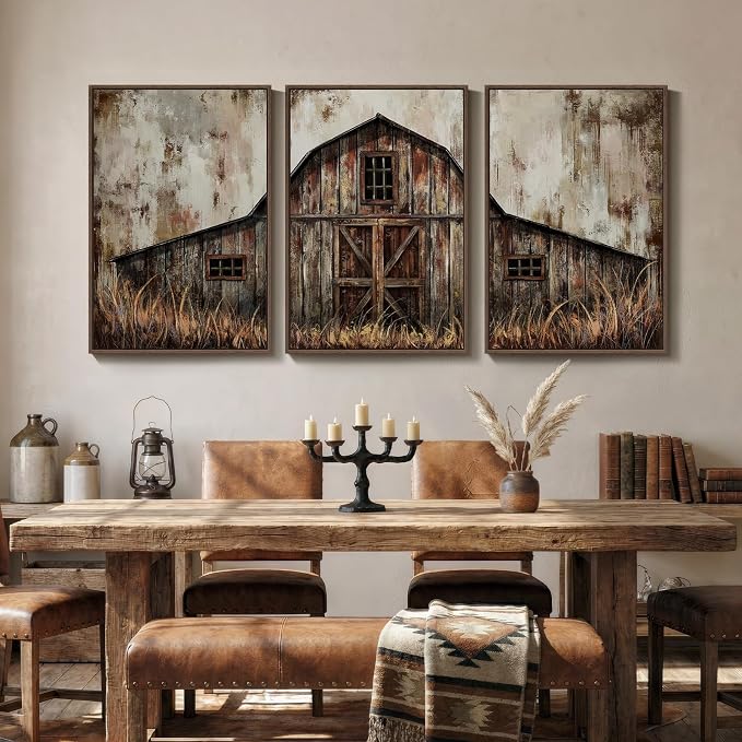 Framed Vintage Farmhouse Wall Art for Living Room, Set of 3 Retro Barn Canvas Prints, Rustic Country Wall Decor for Bedroom Dining Room Office Hallway 20x30 Inch