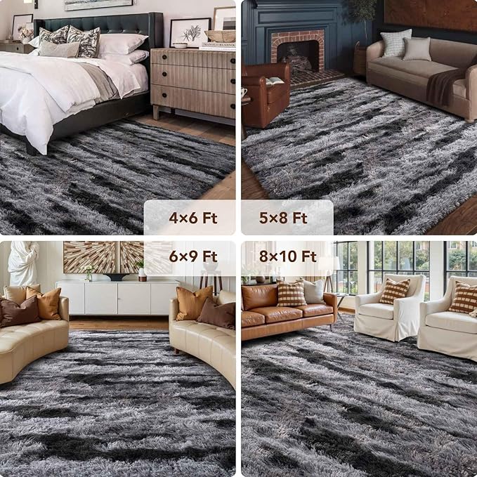 FinRèc 5x8 Black Rugs for Living Room Bedroom, Fluffy Shaggy Area Rug, Non-Slip Soft Shag Rug for Nursery Kids Room Dorm Room Home Decor, Indoor Plush Floor Carpet