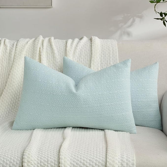 FUTEI Light Blue Chenille Throw Pillow Covers 12x20 Inch Set of 2,Soft Striped & Diamond Textured Lumbar Pillow Cases,Modern Home Decor for Couch Living Room
