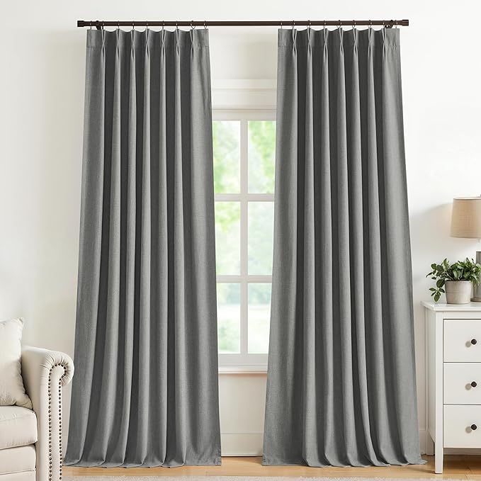 Vision Home Pinch Pleated Dark Grey Blackout Curtains 102 inch Linen Blended Room Darkening Drapes with Thermal Insulation & Back Tab Hooks for Bedroom Living Room, 40" Wx102 L 2 Panels