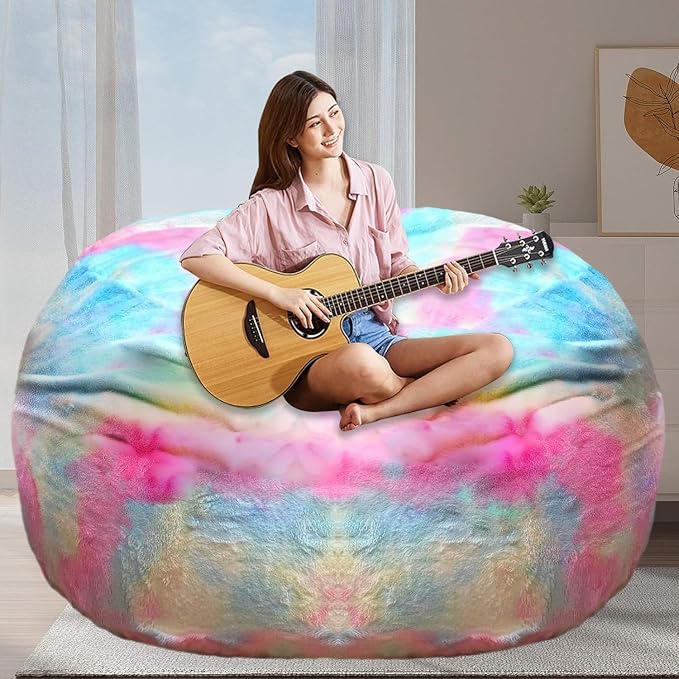 BCU Bean Bag Cover Comfy Beanbag Chair for Adults Without Filler Faux Fur Lazy Sofa Cover for Living Room Chairs, Multicolored, 3.5FT