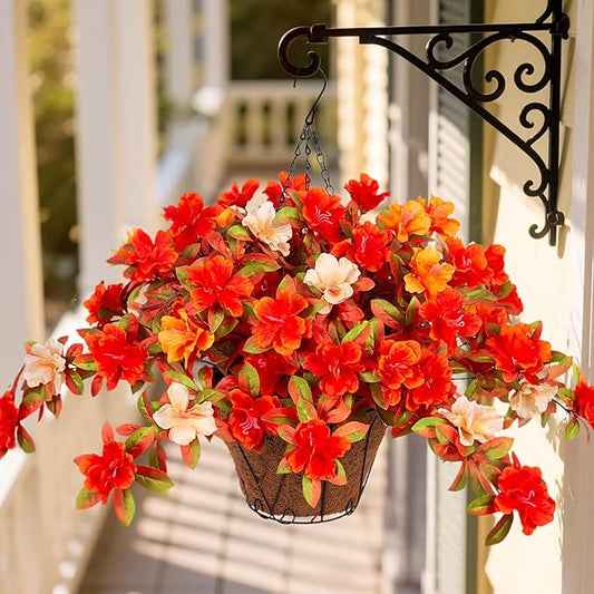 Ammyoo Fall Flowers with Hanging Basket Artificial for Decoration, Fake Silk Rhododendron Flowers for Outdoors, UV Resistant No Fade Floral for Home Garden Balcony Porch Patio Wedding Party Decor