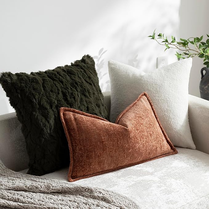 DEZENE Pack of 2 Burnt Orange Fall Decorative Throw Pillow Covers 12x20 Cozy Soft Chenille Accent Vintage Rectangular Lumbar Couch Pillow Covers for Home Decor Bed Sofa Living Room