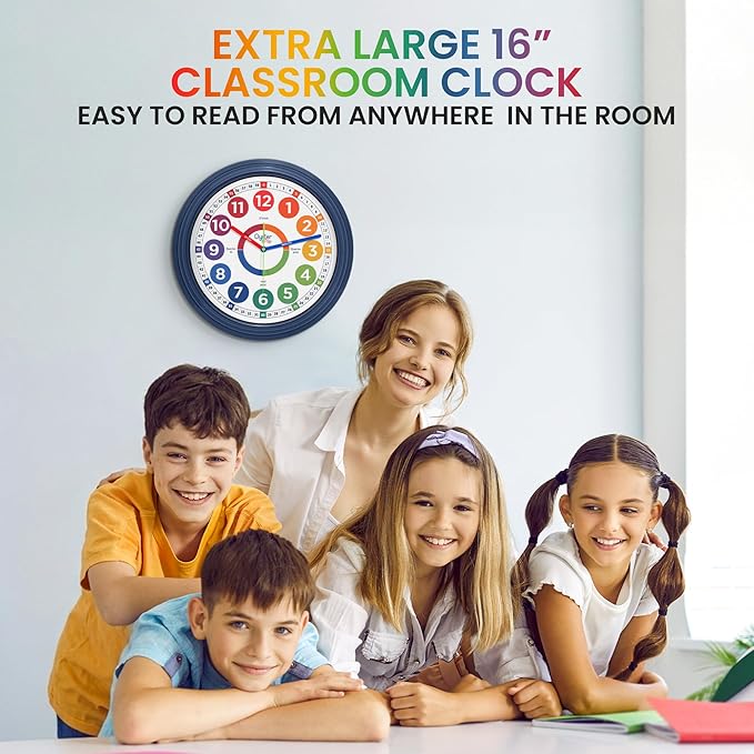 Oyster&Pop 16 Inch Extra Large Classroom Clock for Kids Learning to Tell Time – Silent Non-Ticking Analog Wall Clock – Color Coded Easy to Read – Indoor Outdoor