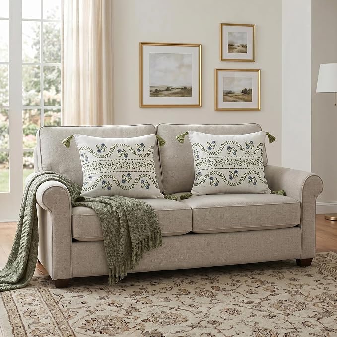 ISAENNE Designer Linen Throw Pillow Cover,Set of 2,18"x18"-Mosella D | Vintage Elegant Square Decor Pillow Cover,Concealed Zipper Design,Floral Pattern,Sofa,Bedroom,Living Room,Lounge Chairs