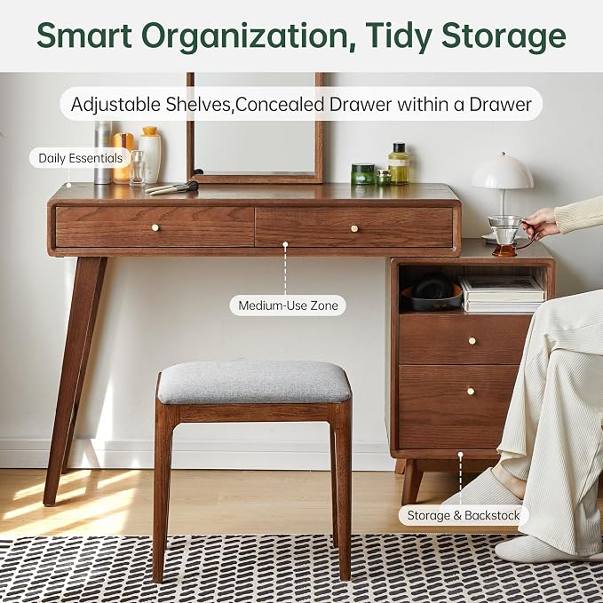 adisun Extendable Vanity Desk with Dresser, 35 to 50 Inch Oak Makeup Table, Storage Writing Desk for Bedroom, Vanity Set for Girls and Women