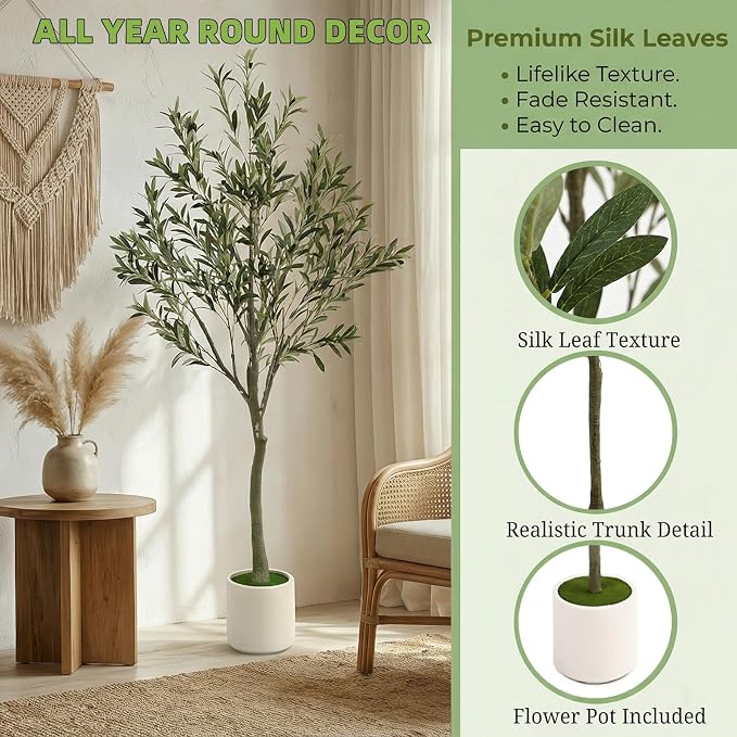 6ft Fake Olive Tree Artificial Indoor,Faux Olive Tree with Pot,Large Olive Branches and Lifelike Fruits,for Home Office House Living Room Decor.
