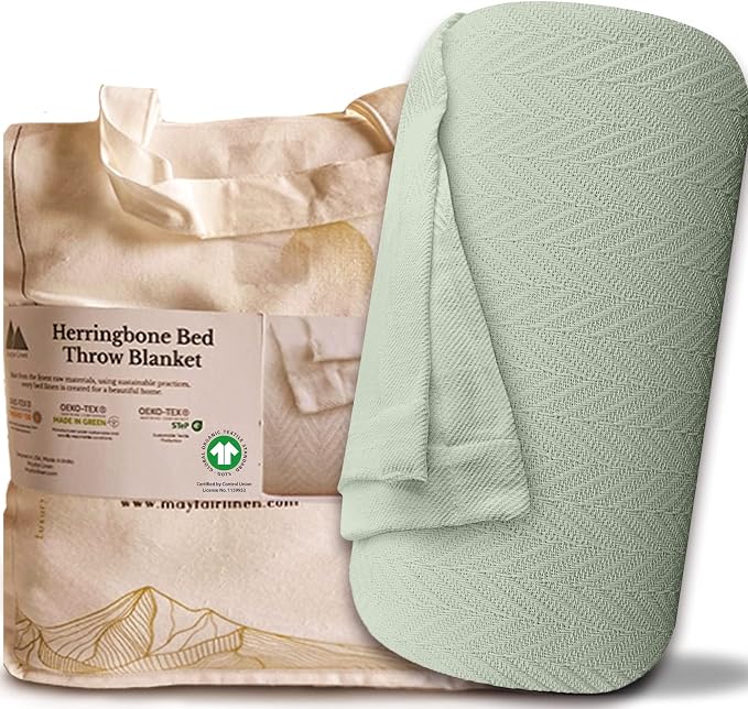 Mayfair Linen Knitted Geometric Herringbone Pattern Handwoven Blanket 100% Long Staple Cotton - Soft & Cozy Thermal All Season Throw for Bed Couch Chair Outdoors (Twin/Twin XL, Sage Green)