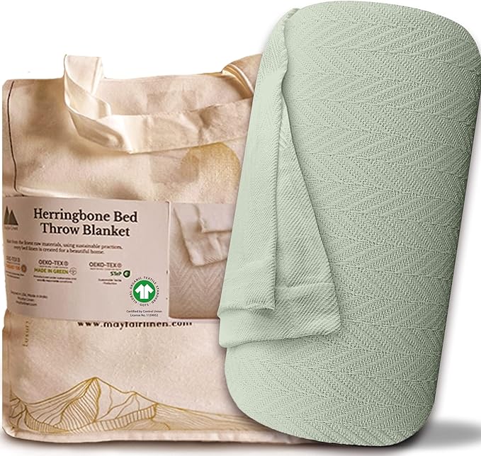 Mayfair Linen Cotton Throw Blankets for Bed King Size - Herringbone Pattern Cotton Blankets King Size (1 PC, Sage Green), Breathable, Soft & Cozy Thermal All Season Throw for Bed Couch Chair Outdoors