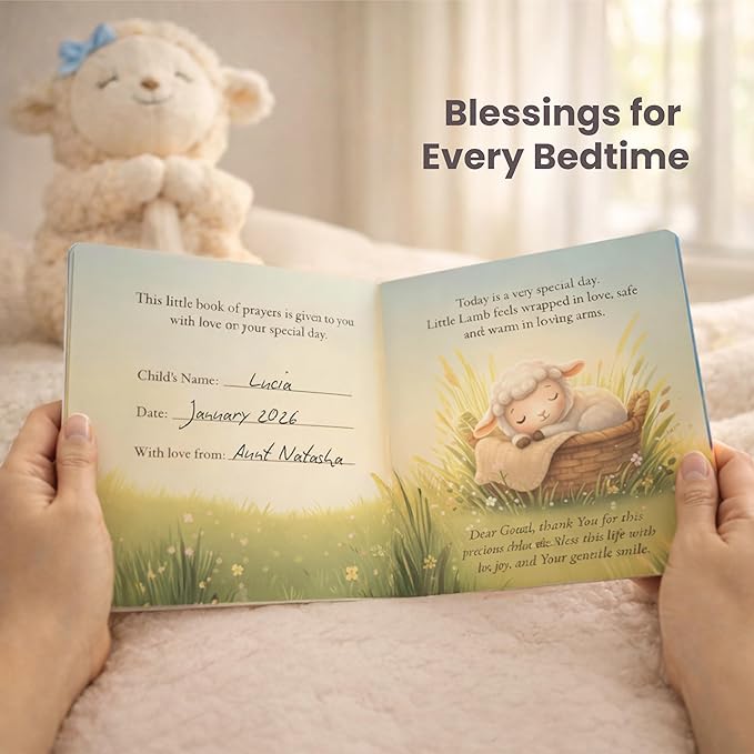 Baptism Gift for Boy Baptism Set with 10" Praying Lamb Plush Toy with Blue Bow, Bamboo Muslin Blanket & First Prayer Book, Ready to Gift Keepsake Box