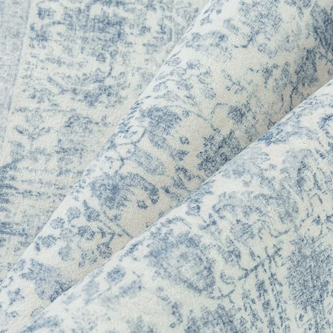PureCozy Blue Area Rug 8x10 Machine Washable Large Vintage Living Room Distressed Non Slip Carpet Traditional Indoor Bedroom Retro Floral Accent Throw Rug for Office Kitchen Dining Room