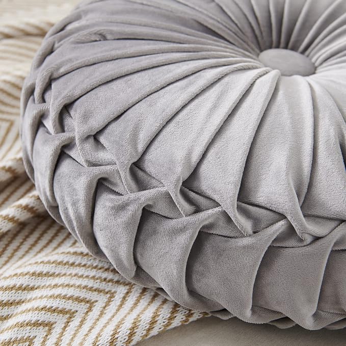 MOJUN Velvet Throw Pillow - Round, Pleated, Filled - Home Decorative Pillow for Couch, Chair, Bed, Car, Floor (Dark Grey, 14inch)