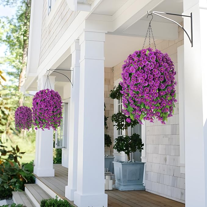 Ammyoo Artificial Faux Hanging Flowers Basket for Spring Summer Outdoor Porch Decor, Fake Silk Colorful Morning Glory Eucalyptus in Planter UV Resistant Look Real for Home Balcony Yard(Darkorchid)