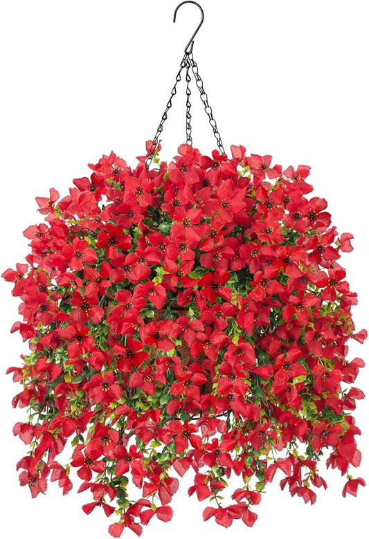 INXUGAO Artificial Hanging Flowers Plants with Basket for Outdoors, Realistic Faux Silk Daisy Flower Eucalyptus for Spring Decor, UV Resistant Fake Plants for Porch Patio Yard Balcony, Red