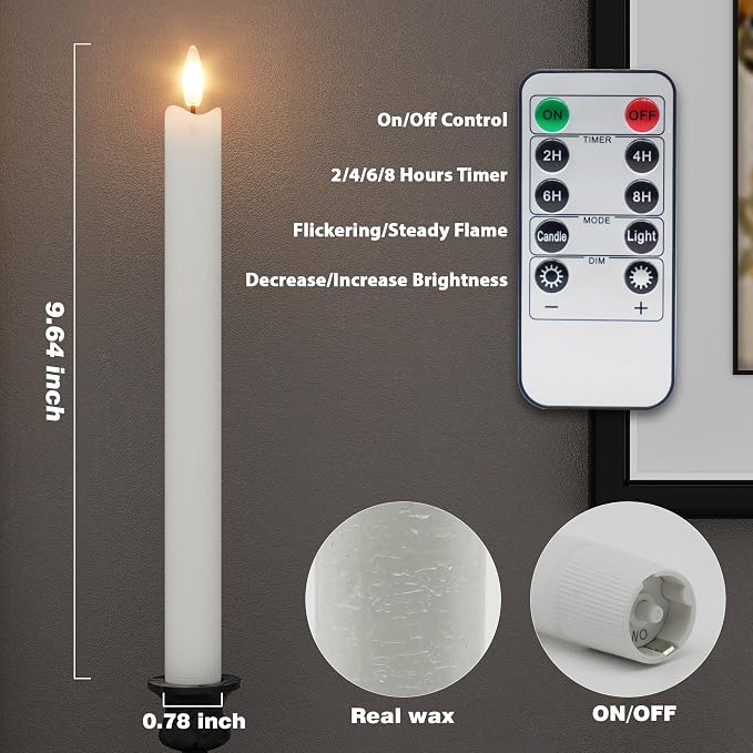 Rechargeable Flameless Taper Candles with Remote, Charging Base, 6 Pcs | 0.78x9.6" white wax LED tapers, 3D flicker, 2.5-hour USB-C charge, up to 160-hour runtime for Home Wedding Christmas Decor