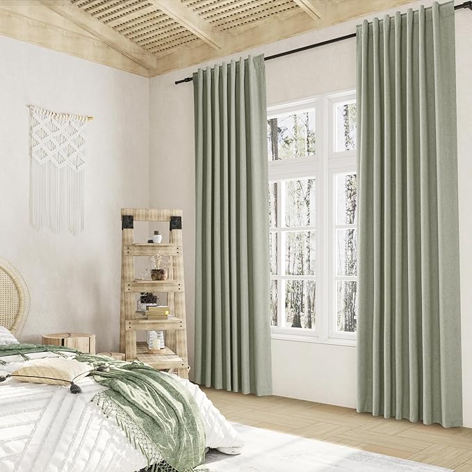 Sage Green 100% Blackout Curtains 96 Inch Length 2 Panels Set for Living Room Bedroom Back Tab Thermal Insulated Black Out Linen Drapes Room Darkening Window Curtains 96 Inches Long