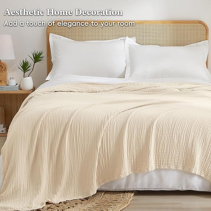 David's Home Soft Muslin Blanket Twin Size for Adults, 60% Rayon 40% Cotton, Breathable Lightweight Cooling Blanket for Hot Sleepers, 4-Layer Cozy Gauze for Bed, 66"x90", Natural/Birch