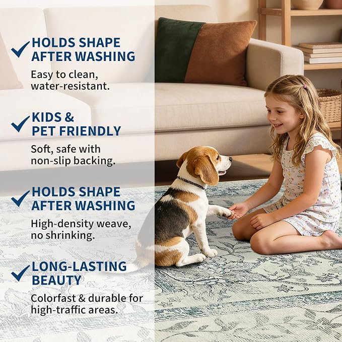 GarveeHome Vintage Blue Area Rug 6x9 Washable Cottage Core Retro Farmhouse Low-Pile Stain Resistant Non-Slip Rugs for Bedroom Living Room Nursery Kitchen Home Office TPE Backing Indoor Decor
