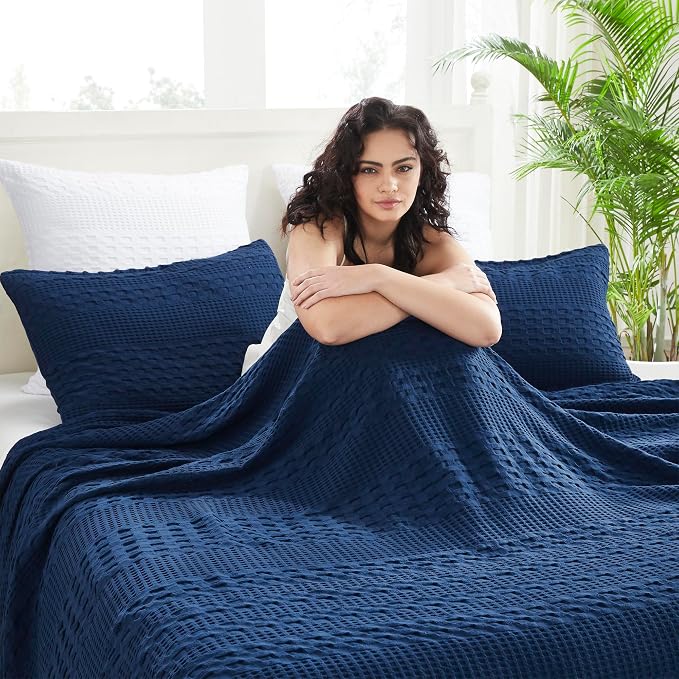 VHC Brands 100% Cotton Waffle Weave Twin Blanket 66"x90", Decorative Lightweight Spring and Summer Throw Blanket, Bedroom Decor for Bed, Couch, or Sofa, Navy