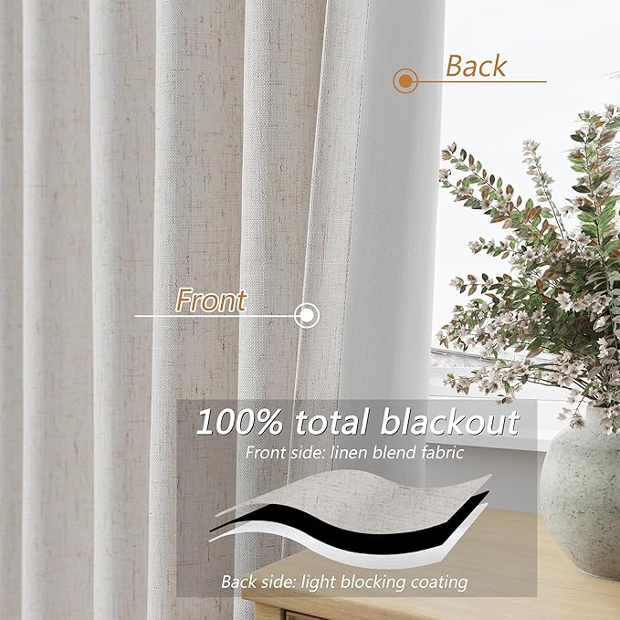 Guken Light Beige 100% Blackout Curtains 102 Inch Length 2 Panels Set for Living Room Bedroom Back Tab Winter Thermal Insulated Black Out High End Linen Drapes Room Darkening Window Curtain