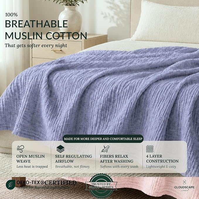 CLOUDSCAPE 4 Layer Muslin Blanket for Adults, 100% Cotton Blanket King Size, 92" x108'' Oversized Fits Upto Cal King Bed, Soft Lightweight Breathable Layering Cotton Summer Blankets - Lavender Blue
