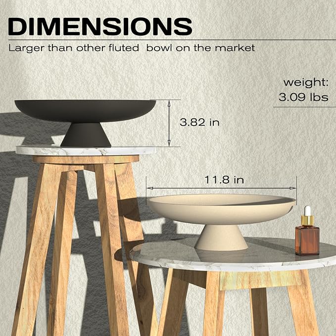 12 Inch Concrete Pedestal Catch All Fruit Key Decorative Bowl Beige | Heavy duty concrete pedestal fruit key bowl with cork base, decor for kitchen counter, entryway & coffee table storage