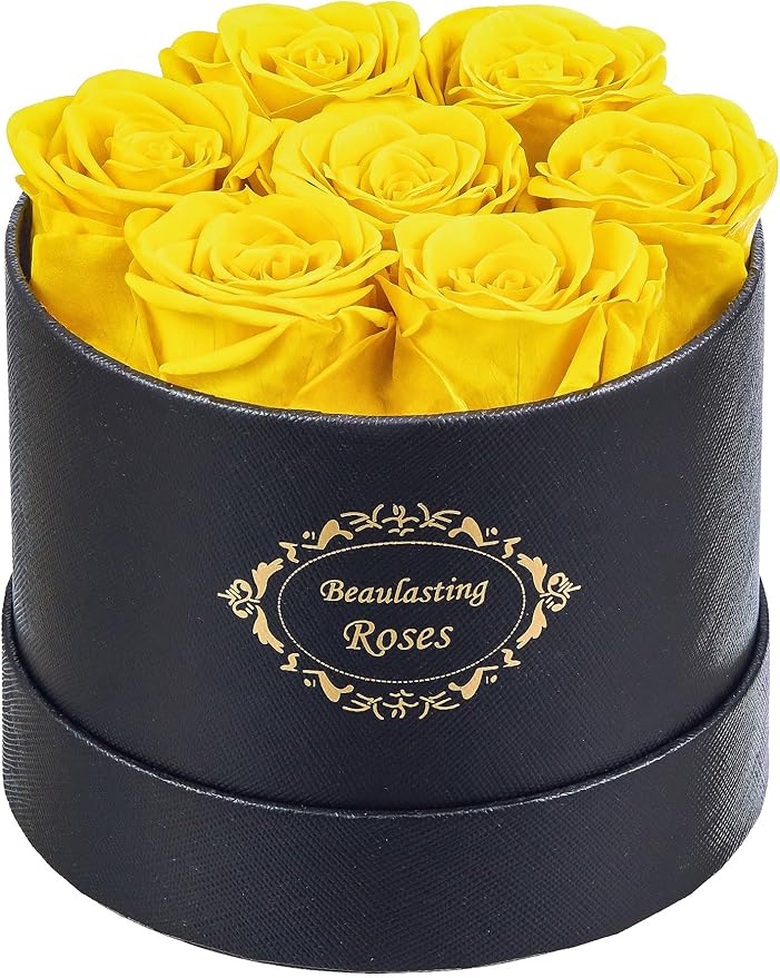 Beaulasting Long Lasting Preserved Roses in a Box Last a Year Forever Flowers for Her Mom Wife Anniversary Birthday (Round Black Box, Yellow)