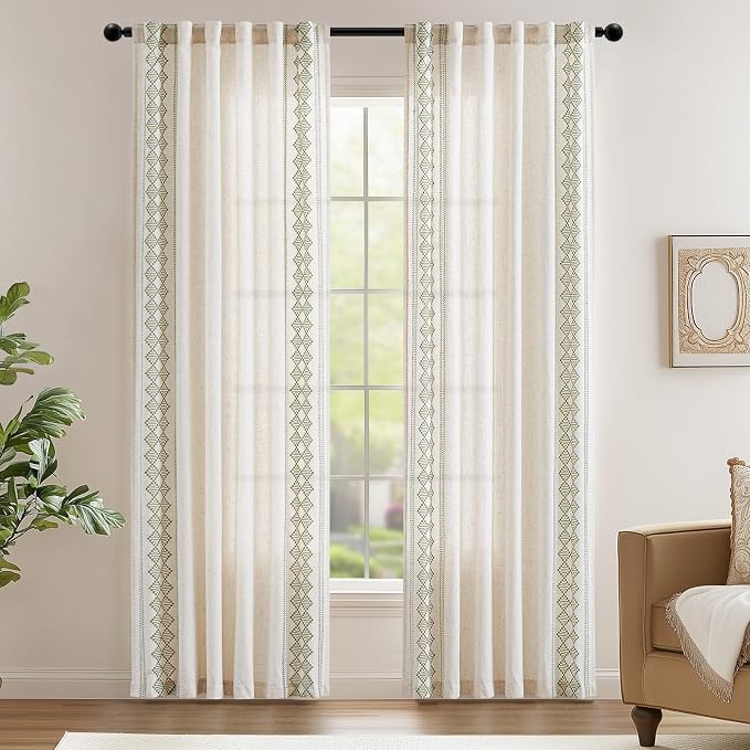 jinchan Boho Curtains Linen Blend Beige Farmhouse Curtains 84 Inches Long for Living Room Sage Green Square Embroidered Bordered Back Tab Bedroom Window Light Filtering Bohemian Drapes 2 Panels