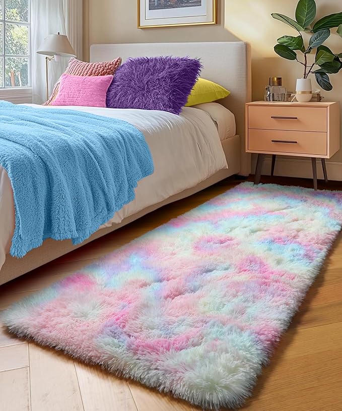 PAGISOFE Rainbow Runner Rugs for Girls Bedroom Hallway Plush Fluffy Rug 2x6 Ft, Soft Kawaii Carpet for Living Room, Non-Slip Indoor Princess Rugs for Nursery Kids Girls Room Home Decor Cute Colorful