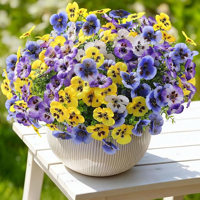 Alupssuc 24 Bundles Artificial Flowers for Outdoors, Fake Spring Flowers for Decoration, UV Resistant Realistic Pansies with Eucalyptus Silk Faux Flowers for Porch Patio Yard, 4 Mix Colors