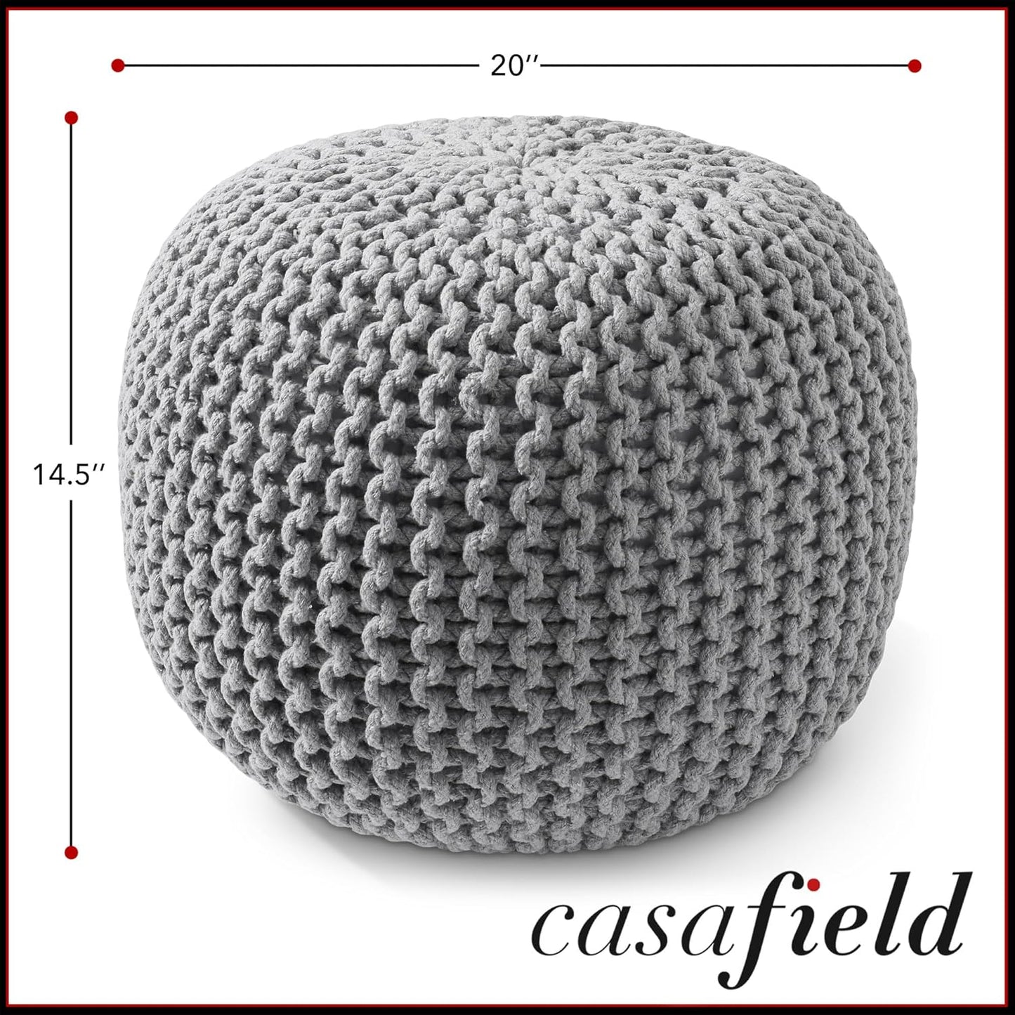 Casafield Round Pouf Ottoman, Light Gray - 20" Diameter x 14.5" High Cotton Knit Foot Stool - Boho Floor Pouffe for Living Room, Bedroom, Home Office
