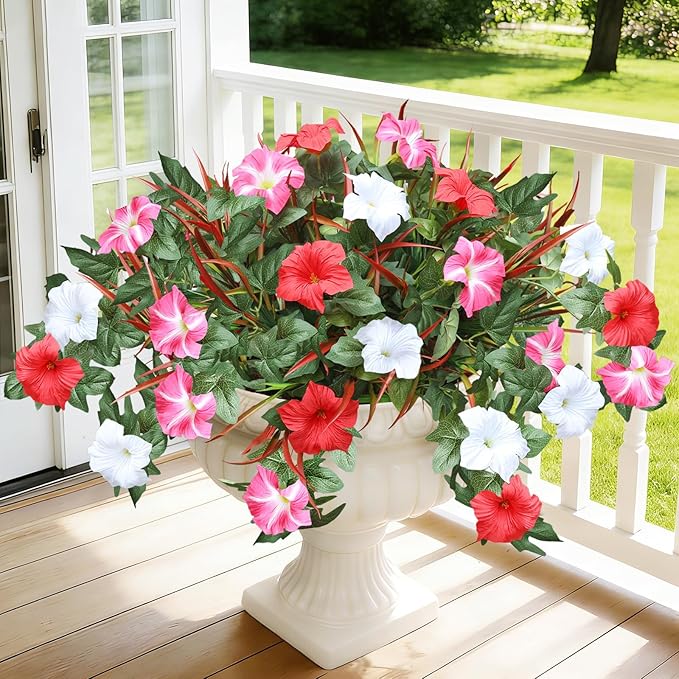 Artificial Flowers Plants for Outdoors, 6PCS UV Resistant Faux FlowersOutdoor Plants, Fake Petunias Silk Flowers for Garden Balcony Yard Porch Decor (White Red Pink)