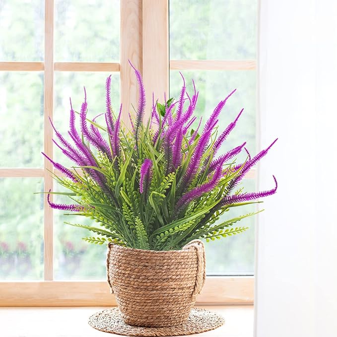 Grunyia 10 Bundles Artificial Plants Outdoor Fake Grass with Flowers UV Resistant Greenery Garden Porch Window Box Decorating (Magenta)