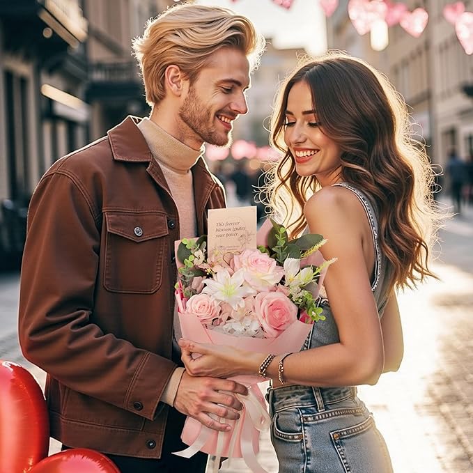 TINGE TIME Preserved Flowers Bouquet, Pink Forever Flowers Bouquet, Flowers for Delivery, Birthday Wedding Anniversary Valentine Gifts for Women Mom Grandma Her Wife Girlfriend