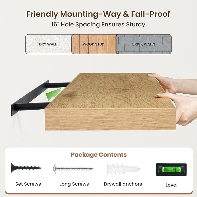 FLYJOE 72 Inch Floating Shelves | 12 Inch Deep Oak Floating Shelves Set of 2 | 72" W x 12" D Rustic Oak Wall Shelves for Bathroom Living Room Kitchen Laundry Room