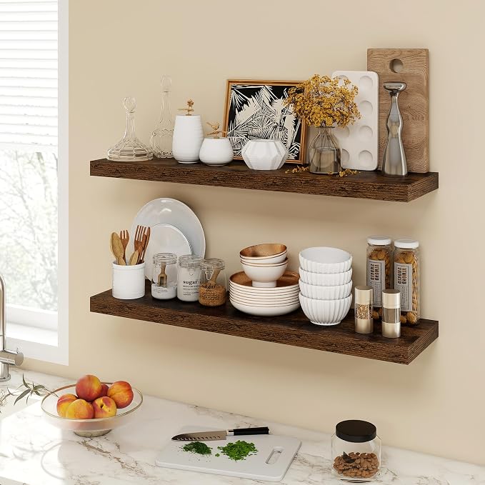 Acovy 36 Inch Floating Shelves, 9.3" Deep Floating Shelf Wall Mounted, 36" Wall Shelves, Rustic Deep Bookshelf, Large Display Shelves & Storage Shelves for Bedroom, Living Room, Brown, Set of 2