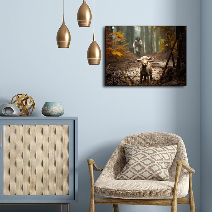 Baptism gifts for boys or girl wall decor, christian gifts for women & men, Jesus and Lamb Canvas poster Jesus Running After Lost Lamb Picture for prayer room Posters religious gift serenity prayer wall art for home decor A-366 (24"X16")