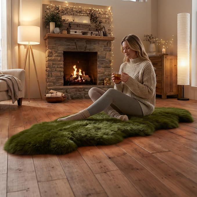 Premium Genuine Sheepskin Area Ruge - Real Wool Fur Shaggy Carpet | Fluffy Soft Natural Lambskin Rug Seat Chair Covers for Couch Sofa Bedroom Living Room(Dark Green,2×6 Feet Sheepskin)