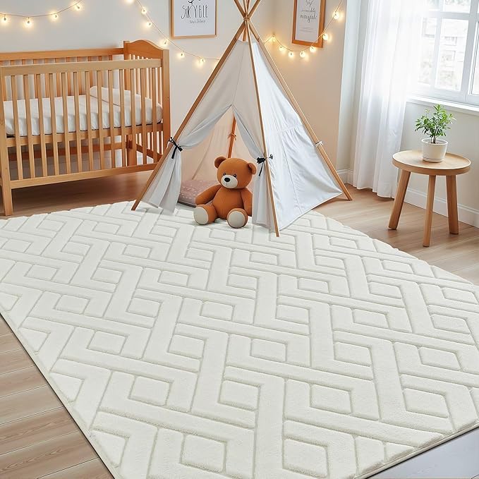Macgace Ultra Soft Cream White Area Rug for Living Room, 5x7 Modern Geometric Shag Rugs with Nonslip Backing for Bedroom, Washable Fuzzy Carpet for Cozy Kids Girls Room Nursery