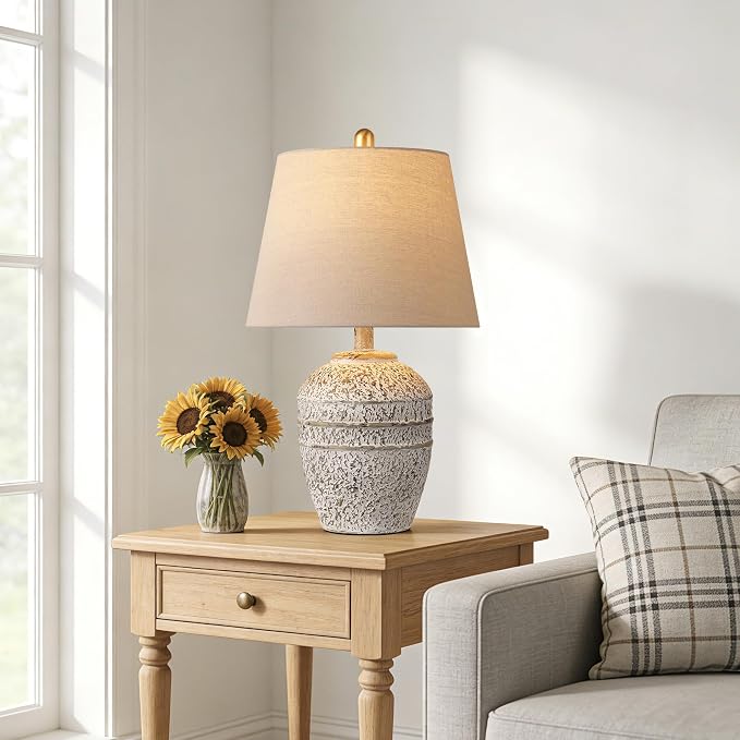PARTPHONER Rustic Farmhouse Ceramic Table Lamp for Living Room Bedroom, Modern Bedside Lamp with Linen Shade, Natural Distressed Earth Tone Finish Table Lamp for Night Stands, Dining, Office, Grey
