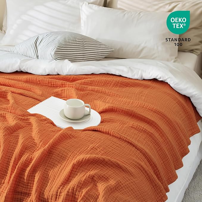 Carriediosa 100% Cotton Muslin Throw Blanket 50" X 70" Throw XL Size，4-Layers Summer Gauze Throws for Bed Couch，Soft Lightweight Breathable Linen Blankets Bedspread for Adults All Season，Orange
