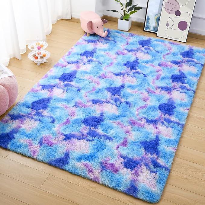 AROGAN Soft Rainbow Area Rugs for Girls Room 5x8 Feet, Fluffy Cute Colorful Princess Carpet for Kids Teens Nursery Toddler,Bedroom Blue and Purple