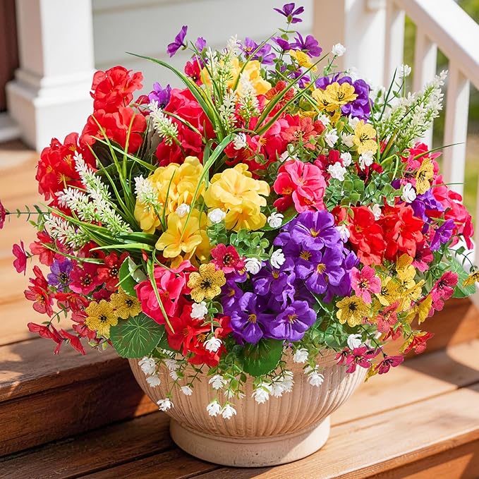 16 Bundles Artificial Flowers for Outdoors, UV Resistant Silk Faux Flowers for Outside Planters,Garden,Porch,Yard,Home Decor(Mixed Color)