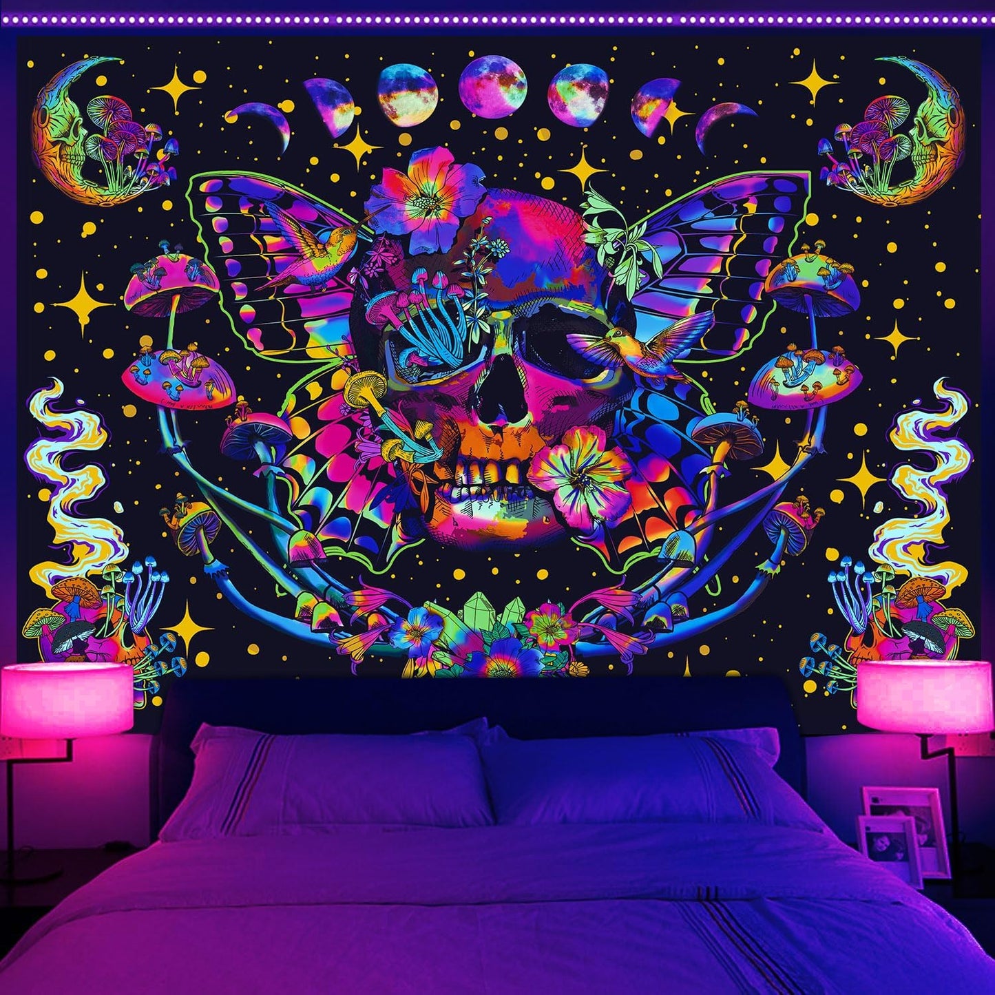 Xiaoput Blacklight Skull Tapestry, UV Reactive Mushroom Butterfly, Aesthetic Moth Moon Flowers, Hippie Skeleton Wall Hanging for Bedroom, Living Room, Home, Dorm 40x30IN