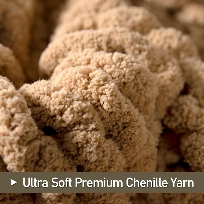 Chunky Knit Throw Blanket 50x60, 100% Handmade Chenille Yarn | 4.4lbs Soft Thick Cable Knitted Blankets, Large Rope Knot Crochet Throws for Couch Sofa Bed Machine Washable, Tan Brown