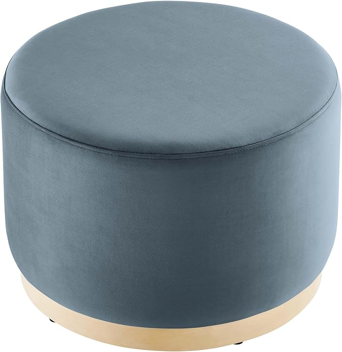 Modway Tilden 23 Inch Round Performance Velvet Upholstered Ottoman in Cadet Blue Natural - Round Ottoman Foot Rest with Rubberwood Plinth Base - Living Room Ottoman Side Table or Ottoman Coffee Table